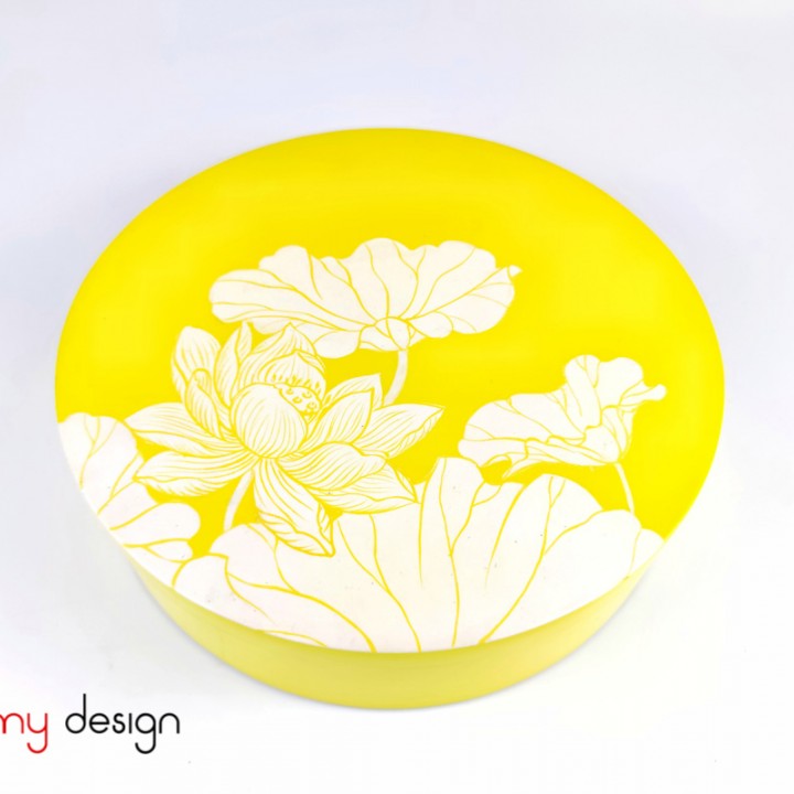 Yellow round  lacquer box hand painted with the lotus